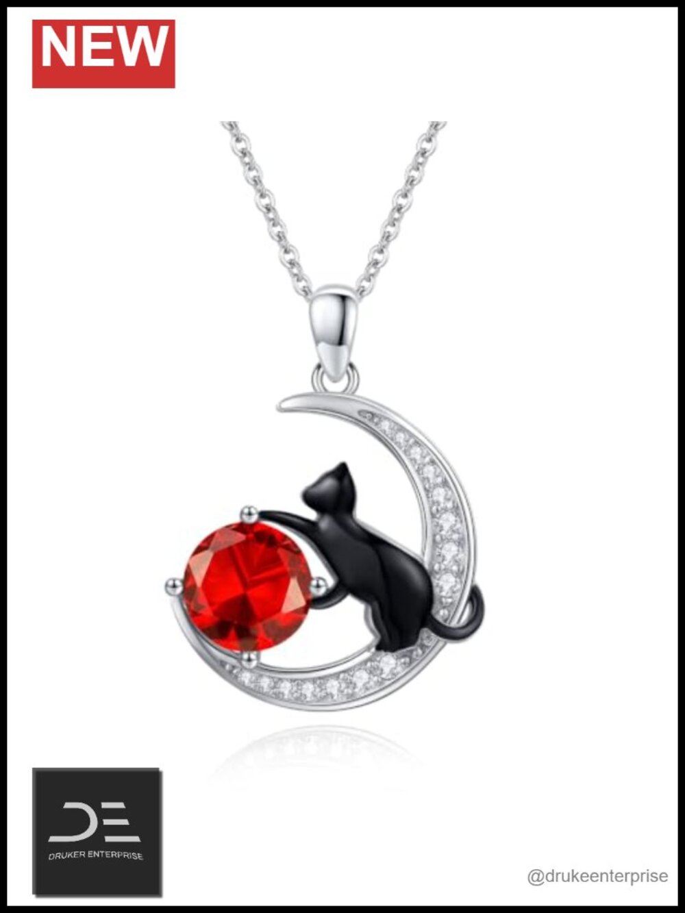 925 Sterling Silver Cat Necklace Pendant Moon Ruby Charm